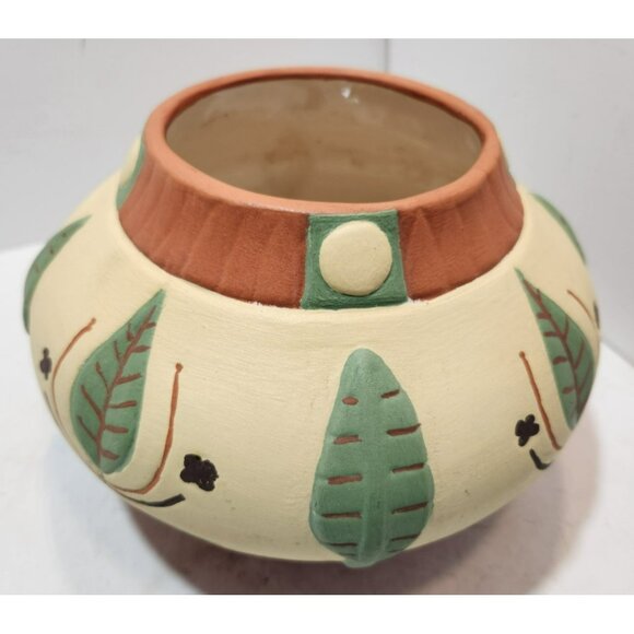 Vintage Southwestern Pottery Vase Round with Leaves Tan Green Brown 6" Tall - Picture 2 of 15